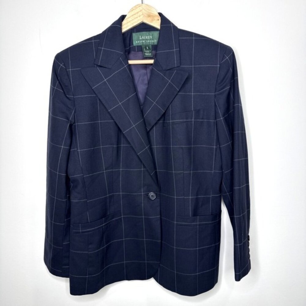Vintage Ralph Lauren Blazer Women 6 Blue Plaid USA Wool Dark Academia Old Money